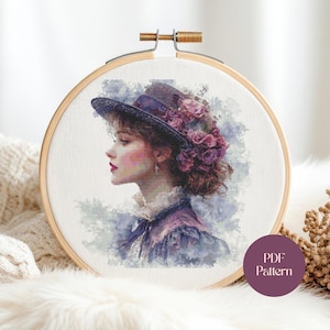 Victorian Lady Cross Stitch Pattern Elegant Woman PDF Portrait Embroidery Chart Full Stitch Romantic Vintage Hat Flowers DIY Decor