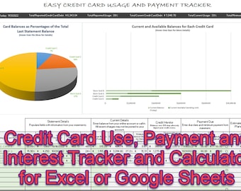 Easy Credit Card Usage, Payment, Interest Calculator Tracker Spreadsheet | Microsoft Excel and Google Sheets Instant Digital Download