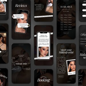 K&ouml;nnte beinhalten: Ein schwarz-wei&szlig;es Handy-Display zeigt die Website einer Visagistin. Die Website zeigt ein schwarz-wei&szlig;es Foto einer Frau mit Make-up, den Text "Treffen Sie Ihre Visagistin" und einen Button mit der Aufschrift "Jetzt buchen".