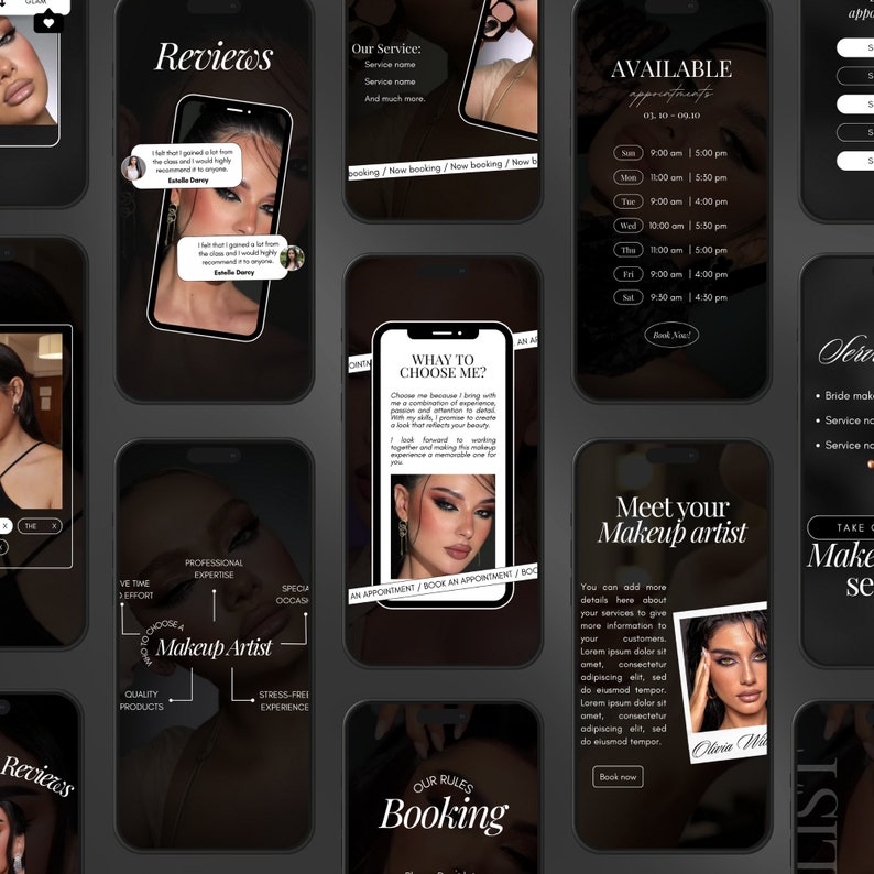 K&ouml;nnte beinhalten: Ein schwarz-wei&szlig;es Handy-Display zeigt die Website einer Visagistin. Die Website zeigt ein schwarz-wei&szlig;es Foto einer Frau mit Make-up, den Text "Treffen Sie Ihre Visagistin" und einen Button mit der Aufschrift "Jetzt buchen".