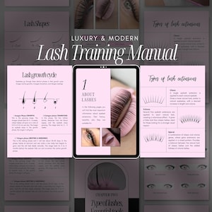 Può includere: Un tablet digitale rosa e bianco che mostra un manuale di formazione per le extension ciglia con il titolo "Luxury & Modern Lash Training Manual". Il manuale include informazioni sui cicli di crescita delle ciglia, i tipi di ciglia e gli strumenti essenziali per le extension ciglia.