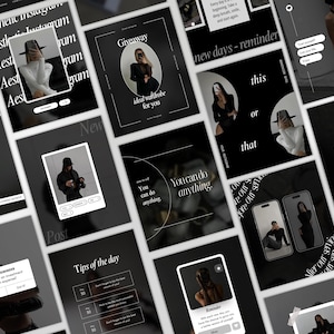 May include: A series of black and white social media posts featuring images of people, text, and graphics. The posts include phrases such as "Giveaway," "Book now," and "Tips of the day." The overall theme is fashion and lifestyle.