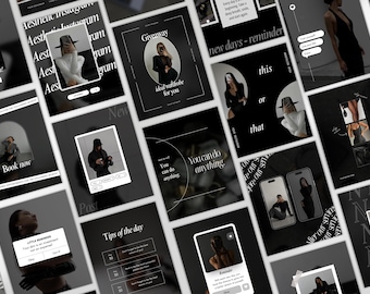 May include: A collection of black and white social media posts with images of people, text, and graphics. The posts include phrases like "Giveaway," "Book now," and "Tips of the day." The overall theme is fashion and lifestyle.