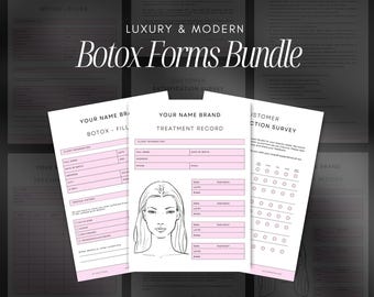 May include: A set of printable forms for a Botox business. The forms include a customer satisfaction survey, a treatment record, and a Botox fill form. The forms are designed in a modern style with a pink and black color scheme.