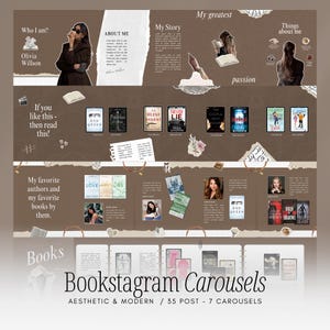 May include: Aesthetic and modern bookstagram carousel design with a brown and white color scheme. The design includes book covers, author photos, and text. The text includes "Bookstagram Carousels" and "Aesthetic & Modern / 35 Post - 7 Carousels."
