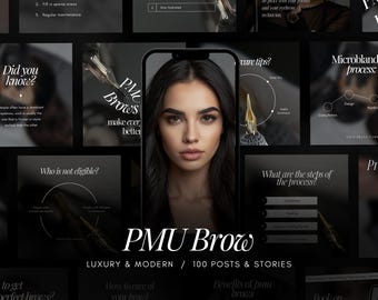 Puede incluir: Un collage de imágenes que promocionan servicios de maquillaje permanente para cejas. Las imágenes muestran a una mujer con cejas perfectamente formadas, un primer plano de una herramienta de microblading y texto sobre los beneficios de las cejas PMU. El texto incluye frases como "¿Sabías?" y "¿Cuáles son los pasos del proceso?"