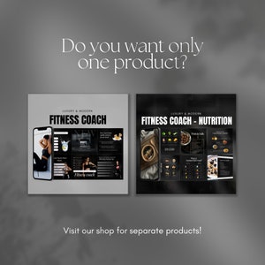Op de afbeelding: Twee digitale telefoonschermen die fitness- en voedingscoaching-apps weergeven. Het linker scherm toont een fitness-app met de tekst "Fitness Coach" en het rechter scherm toont een voedings-app met de tekst "Fitness Coach - Nutrition".