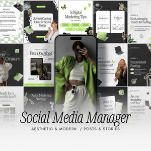 Social Media Manager Instagram Templates, Trendy Green Social Media Post | Aesthetic Marketing Agency | Social Media Marketing Stories