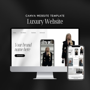 Può includere: Un mockup di un modello di sito web per un marchio di lusso. Il sito web è visualizzato su un computer desktop e un telefono cellulare. Il sito web presenta uno schema di colori bianco e nero e include testo che dice "Il tuo nome di marca qui" e "Contattaci!"