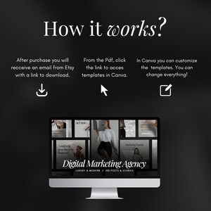 May include: A computer screen displaying a digital marketing agency template with the text "Digital Marketing Agency" and "Luxury & Modern / 100 Posts & Stories". The screen is surrounded by a black background with text explaining how to use the template.