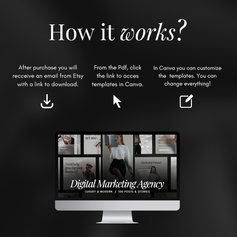 May include: A computer screen displaying a digital marketing agency template with the text "Digital Marketing Agency" and "Luxury & Modern / 100 Posts & Stories". The screen is surrounded by a black background with text explaining how to use the template.