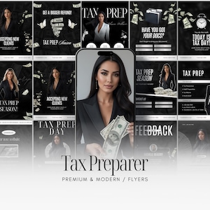 Könnte beinhalten: Eine Sammlung von schwarz-weißen Flyern für einen Steuerberater. Das zentrale Bild zeigt eine Frau, die Bargeld hält. Der Text enthält "Tax Prep Season", "Accepting New Clients" und "Tax Preparer". Das Design ist modern und professionell.