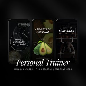 May include: Three phone screens with text and images. The first screen has a green background with the text "Why is it important to eat vegetables?" The second screen has a green avocado on a white background with the text "4 Benefits of Avocado". The third screen has a woman doing a workout with the text "The keys of Constancy". The text "Personal Trainer" is at the bottom of the image.