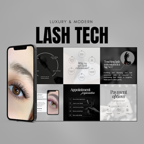 100 Plantillas de lujo Black Lash Tech / Publicación de Instagram de Lash Stylist / Plantillas Canva de Lash Artist / Plantillas de redes sociales de salón de belleza