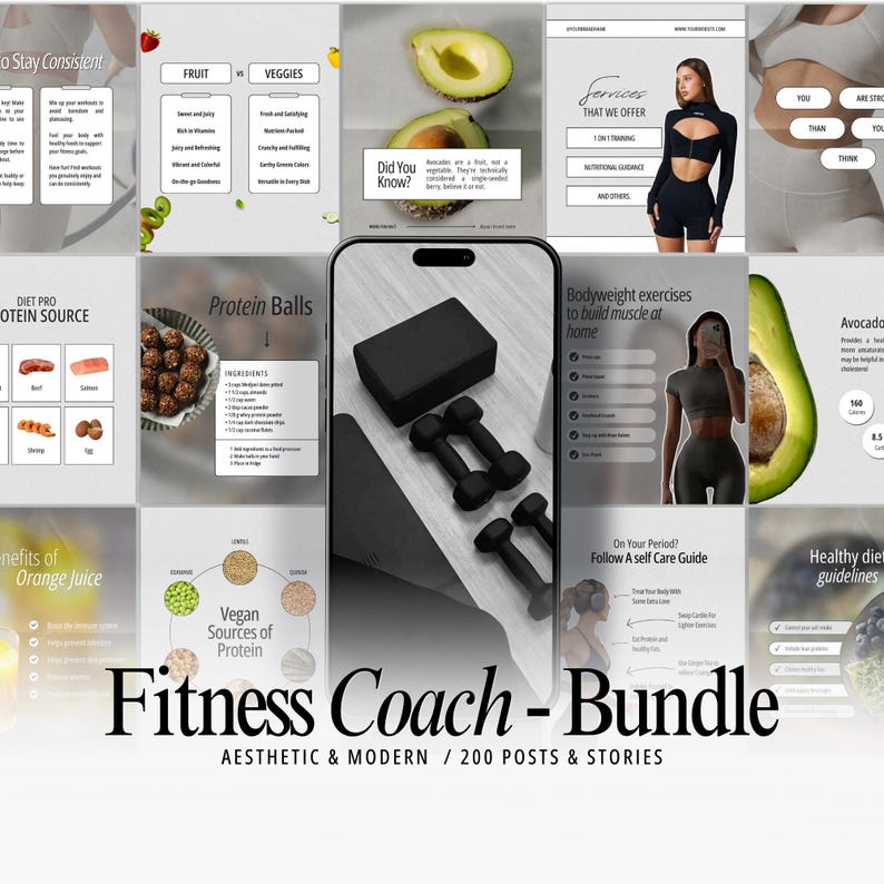 Puede incluir: Un paquete digital de plantillas para redes sociales con tem&aacute;tica de fitness que incluye varios dise&ntilde;os con texto, informaci&oacute;n nutricional, gu&iacute;as de ejercicios y una pantalla de smartphone central que muestra un bloque de yoga y dos pares de mancuernas negras.