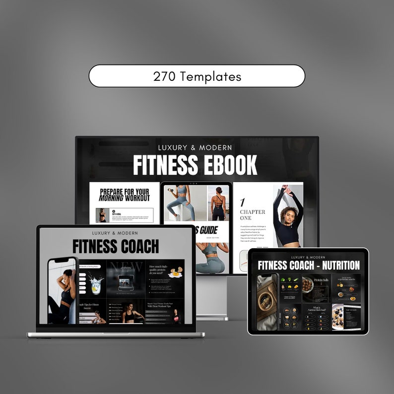 Op de afbeelding: Een set digitale sjablonen voor fitnesscoaches, inclusief een e-book, een trainingsgids en een voedingsgids. De sjablonen hebben een zwart-wit kleurenschema met een modern ontwerp.
