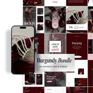 Puede incluir: Plantillas estéticas para redes sociales en color burdeos. La imagen muestra un smartphone con un collar de perlas y un bolso burdeos. Se puede ver el texto "Burgundy Bundle" y "300 Aesthetic Post & Stories".
