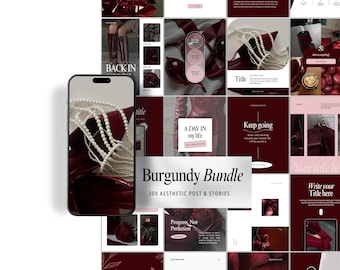 May include: Aesthetic social media templates in a burgundy color scheme. The image features a smartphone displaying a pearl necklace and a burgundy bag. The words "Burgundy Bundle" and "300 Aesthetic Post & Stories" are visible.