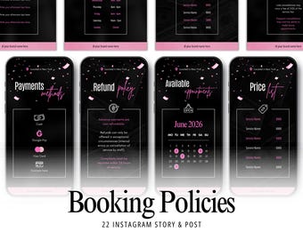 Booking Policy Instagram Templates | Luxury Booking Story & Post (Canva) | Beauty Salon Booking Policies