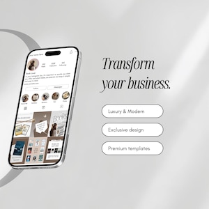 May include: A smartphone displays an Instagram profile with the text "Book Lover" and a grid of book-related images. The text "Transform your business" is also visible, along with options for "Luxury & Modern", "Exclusive design", and "Premium templates".
