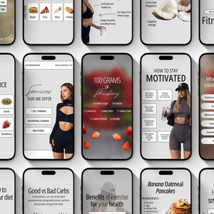 Puede incluir: Una cuadr&iacute;cula de tel&eacute;fonos inteligentes que muestran varias plantillas de redes sociales sobre fitness y nutrici&oacute;n. Las pantallas presentan texto, datos nutricionales sobre fresas, consejos de motivaci&oacute;n, servicios y listas de ingredientes.