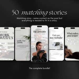 May include: A set of five Instagram story templates with black and white text on a white background. The templates feature tips for creating a brand identity, a call to action to visit a new website, and a list of qualities that make good design.