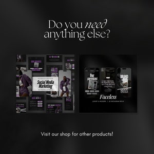 May include: A collection of social media marketing templates featuring a black and white color scheme with a modern aesthetic. The templates include text such as "Our Services", "Get to Know Me", "Brand Needs a Refresh", "Work With Us", "Why Brand Strategy Matters", "Use Trends to Improve Your Social Media Strategy", "Faceless", "Luxury & Modern", "20 Instagram Reels", and "Brand Boss".
