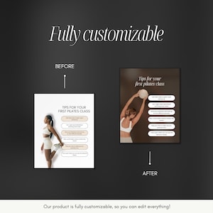 May include: Before and after images showing a customizable template for a social media post with tips for a first pilates class. The template features a woman in a pilates pose and text with tips for a first pilates class.
