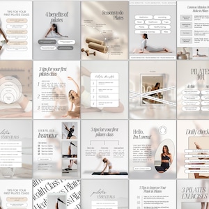 May include: A collage of images promoting pilates classes. The images feature people doing pilates exercises, text about the benefits of pilates, and tips for first-time pilates students.