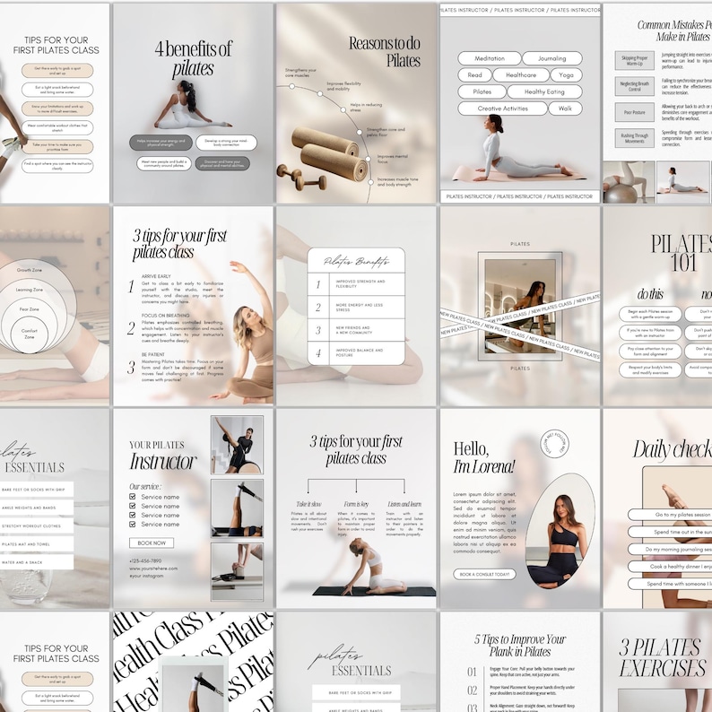 May include: A collage of images promoting pilates classes. The images feature people doing pilates exercises, text about the benefits of pilates, and tips for first-time pilates students.