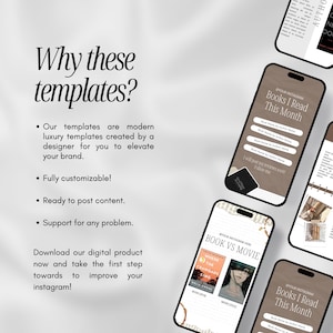 May include: A digital product advertisement featuring smartphone mockups with Instagram templates. The templates have a neutral color scheme and include text such as "Books I Read This Month" and "Book vs Movie". The text "Why these templates?" is also visible.