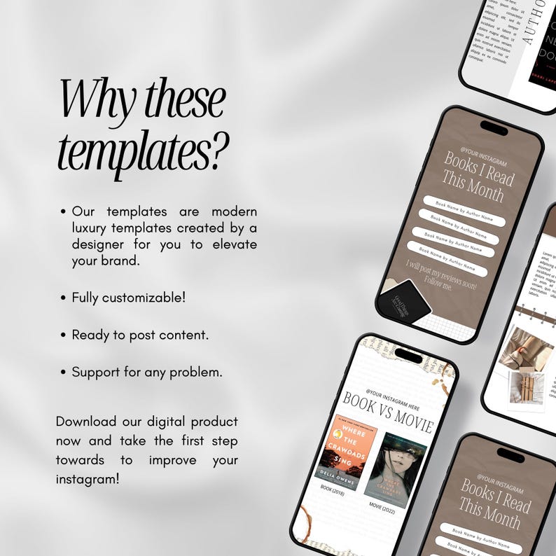 May include: A digital product advertisement featuring smartphone mockups with Instagram templates. The templates have a neutral color scheme and include text such as "Books I Read This Month" and "Book vs Movie". The text "Why these templates?" is also visible.