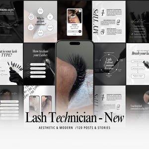 Op de afbeelding: Een digitale collectie social media sjablonen voor wimperstylisten met zwart-wit graphics, instructieve tekst, checklists en close-up afbeeldingen van wimperextensions, gepresenteerd in een moderne, strakke en georganiseerde lay-out.