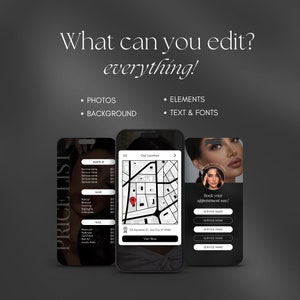 K&ouml;nnte beinhalten: Ein Mockup einer mobilen App f&uuml;r einen Sch&ouml;nheitssalon. Die App zeigt eine Preisliste, eine Karte mit der Lage des Salons und ein Buchungsformular. Die App hat einen schwarzen Hintergrund mit wei&szlig;em Text und Symbolen.