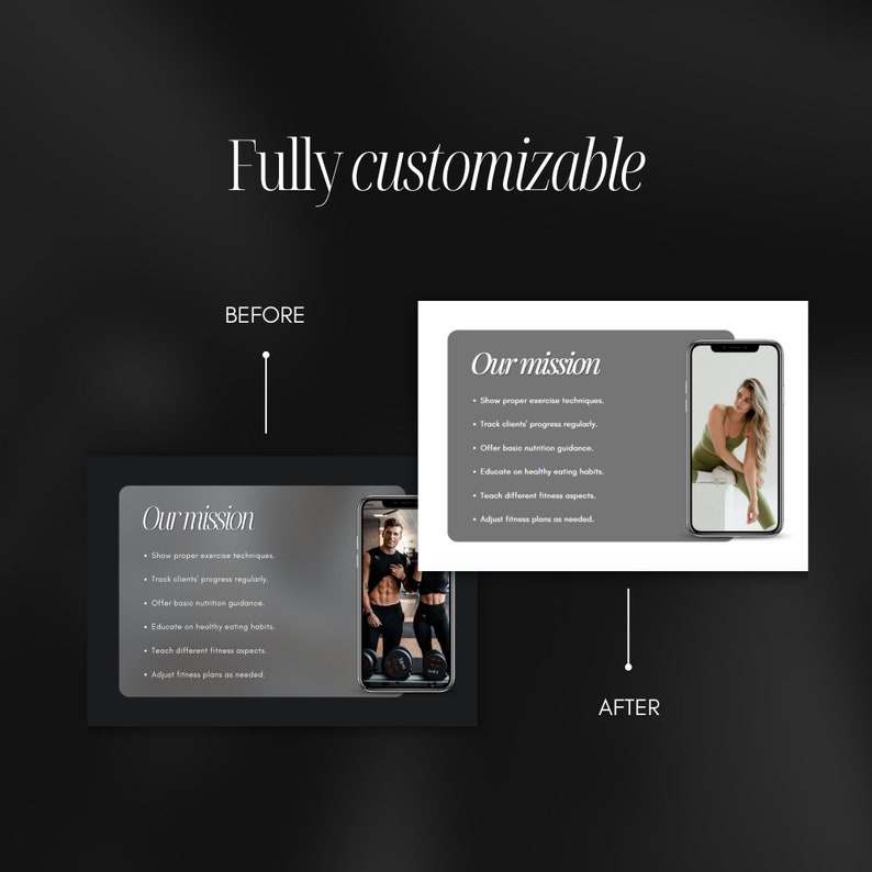 May include: A before and after image showing the difference in a fitness plan. The before image shows a man lifting weights. The after image shows a woman doing a yoga pose. The text on the image says "Our mission" and lists the following: Show proper exercise techniques, Track clients' progress regularly, Offer basic nutrition guidance, Educate on healthy eating habits, Teach different fitness aspects, Adjust fitness plans as needed.