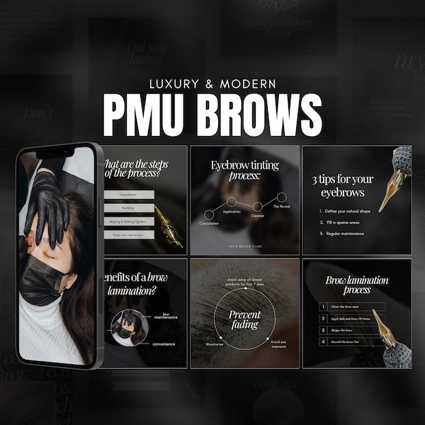 100 Black PMU Brows Instagram Template | Microblading Instagram Template | PMU Brows Social Media Post | PMU Artist Canva Templates