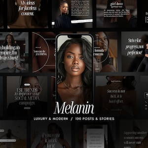 Può includere: Un collage di immagini con sfondo scuro e dettagli dorati. Le immagini mostrano una donna con la pelle scura, testo sulla costruzione di un impero, l'utilizzo delle tendenze per migliorare le campagne sui social media, e le parole "Melanin", "Luxury & Modern" e "100 Posts & Stories".