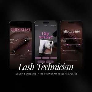 May include: Three smartphone screens with pink and black text and graphics. The first screen shows a checklist for lash health. The second screen shows the text "Our services" and a close-up of a lash extension application. The third screen shows the text "Aftercare tips" and a checklist for lash aftercare.