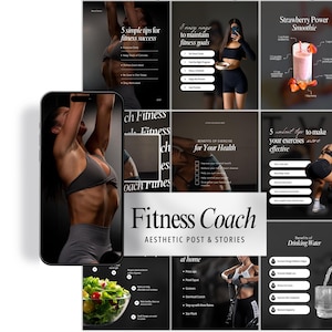 May include: Aesthetic fitness coach social media posts and stories. The image features a smartphone displaying fitness tips, smoothie recipes, and workout routines. The text includes "Fitness Coach" and "Aesthetic Post & Stories."
