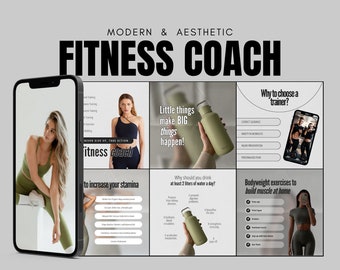 May include: A collage of images promoting a fitness coach. The images feature a woman in workout clothes, a water bottle, and a list of reasons to choose a fitness trainer. The text "Never give up, take action" and "Fitness coach" are visible in the collage.