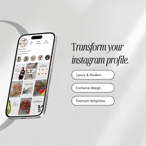 Puede incluir: Un tel&eacute;fono inteligente que muestra una interfaz de perfil de Instagram con una cuadr&iacute;cula de publicaciones. A la derecha, el texto dice: Transform your instagram profile. Debajo hay tres botones etiquetados: Luxury & Modern, Exclusive design y Premium templates.