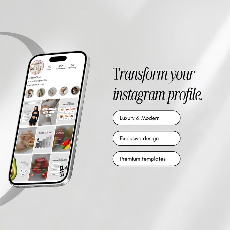 Puede incluir: Un tel&eacute;fono inteligente que muestra una interfaz de perfil de Instagram con una cuadr&iacute;cula de publicaciones. A la derecha, el texto dice: Transform your instagram profile. Debajo hay tres botones etiquetados: Luxury & Modern, Exclusive design y Premium templates.