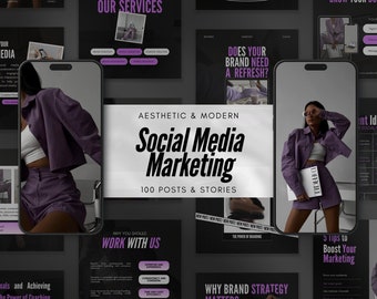 May include: A collection of social media marketing templates with a black and purple color scheme. The templates feature text such as "Get to Know Me", "Our Services", "Does Your Brand Need a Refresh?", "Aesthetic & Modern Social Media Marketing", "100 Posts & Stories", "Why You Should Work With Us", "Why Brand Strategy Matters", "5 Tips to Boost Your Marketing", and "Grow Your Business".