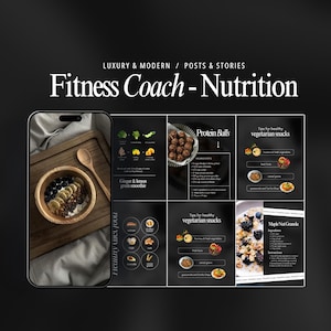 May include: A digital display showing a collection of social media templates titled Fitness Coach - Nutrition. The layout features dark backgrounds with white text, including recipes for protein balls, ginger lemon smoothies, and maple nut granola.