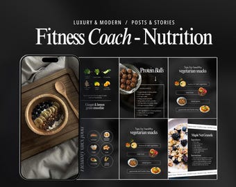 May include: A digital display showing a collection of social media templates titled Fitness Coach - Nutrition. The layout features dark backgrounds with white text, including recipes for protein balls, ginger lemon smoothies, and maple nut granola.