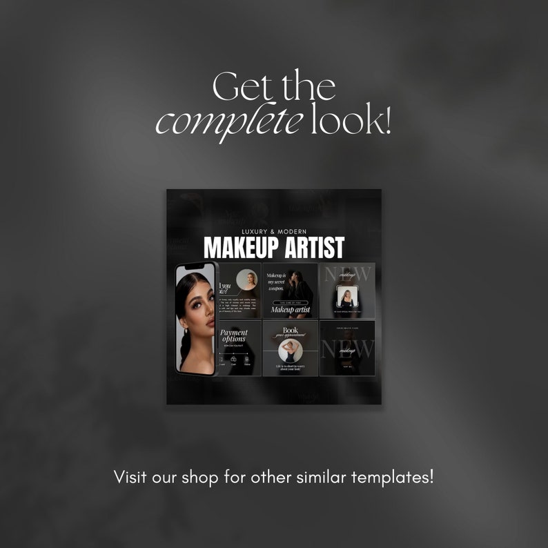 K&ouml;nnte beinhalten: Eine schwarz-wei&szlig;e Grafikdesign-Vorlage f&uuml;r soziale Medien, die die Dienstleistungen einer Visagistin zeigt. Die Vorlage enth&auml;lt Bilder einer Frau mit Make-up, Text &uuml;ber die Buchung von Terminen und die Worte "Luxury & Modern Makeup Artist".