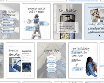 May include: A collection of digital marketing and business coaching templates. The templates include topics such as personal branding, content pillars, and ways to grow a business. Each template has a light blue grid background.