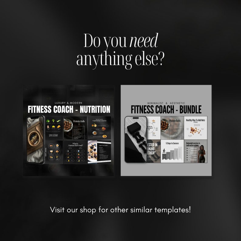 May include: Two phone screen mockups showcasing fitness coach templates. The left mockup is black with white text and features a nutrition plan. The right mockup is gray with white text and features a fitness bundle. Both mockups feature the text "Fitness Coach".