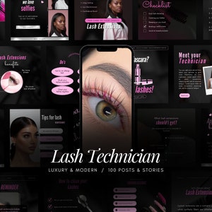 May include: A collage of images promoting lash extensions. The images feature close-ups of eyes with lashes, a checklist of lash care tips, and a woman with long lashes. The text "Lash Technician" is featured in a large font at the bottom of the collage.