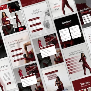 May include: A collection of fitness-related infographics with a maroon and white color scheme. The images include text about exercise tips, weight loss strategies, and fitness coaching. Women in maroon workout attire are featured.